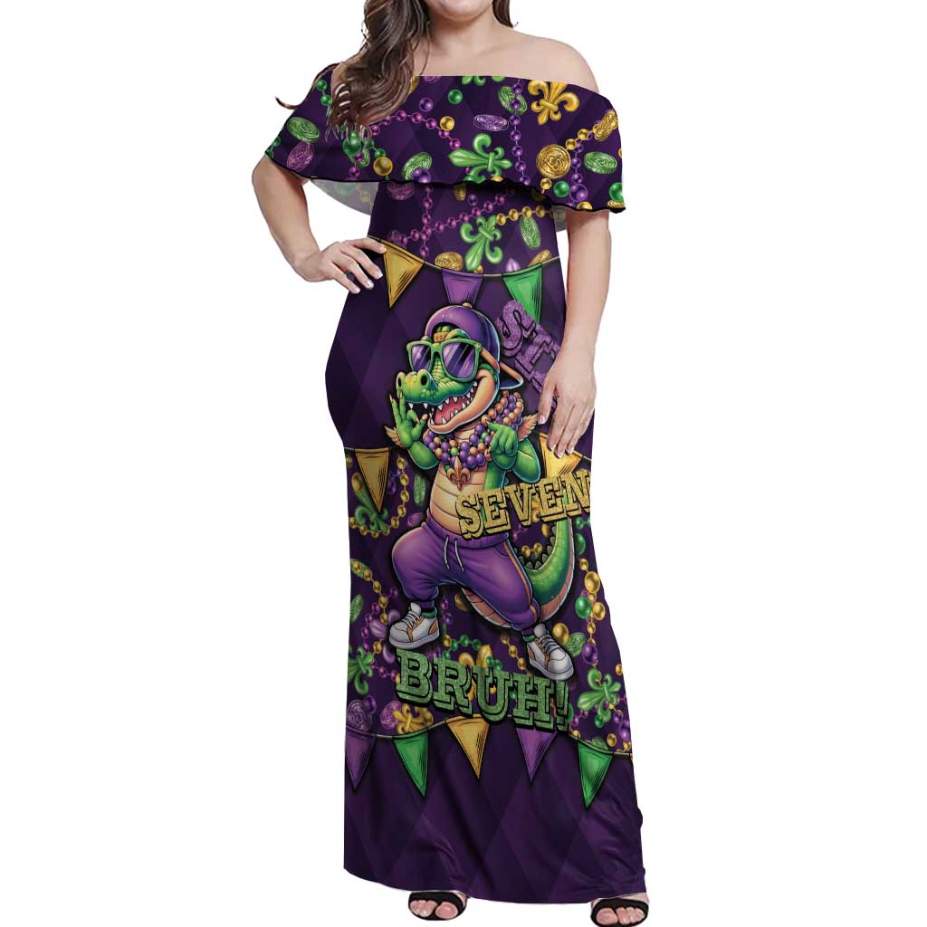 Six Seven Alligator Mardi Gras Off Shoulder Maxi Dress 67 Gen Alpha Slang Carnival Beads