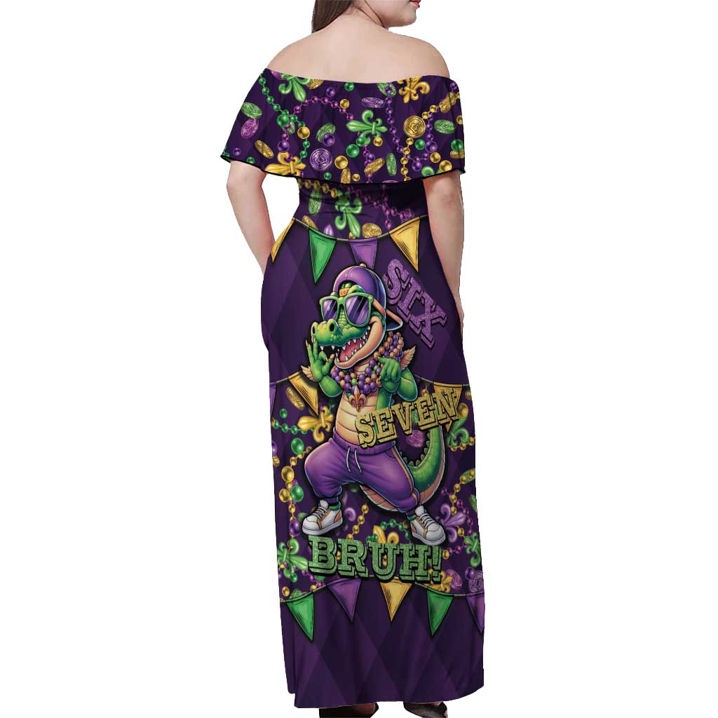Six Seven Alligator Mardi Gras Off Shoulder Maxi Dress 67 Gen Alpha Slang Carnival Beads