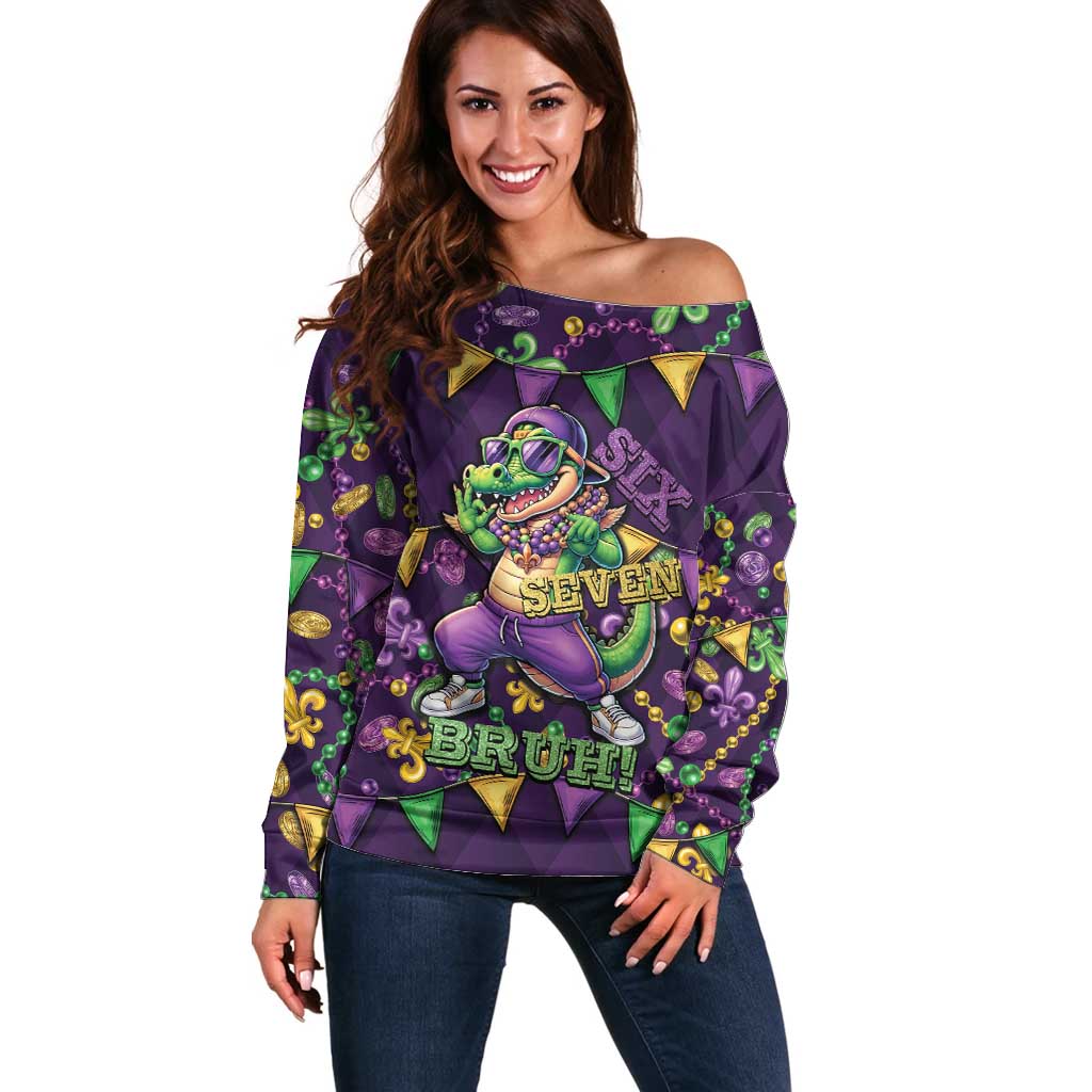 Six Seven Alligator Mardi Gras Off Shoulder Sweater 67 Gen Alpha Slang Carnival Beads