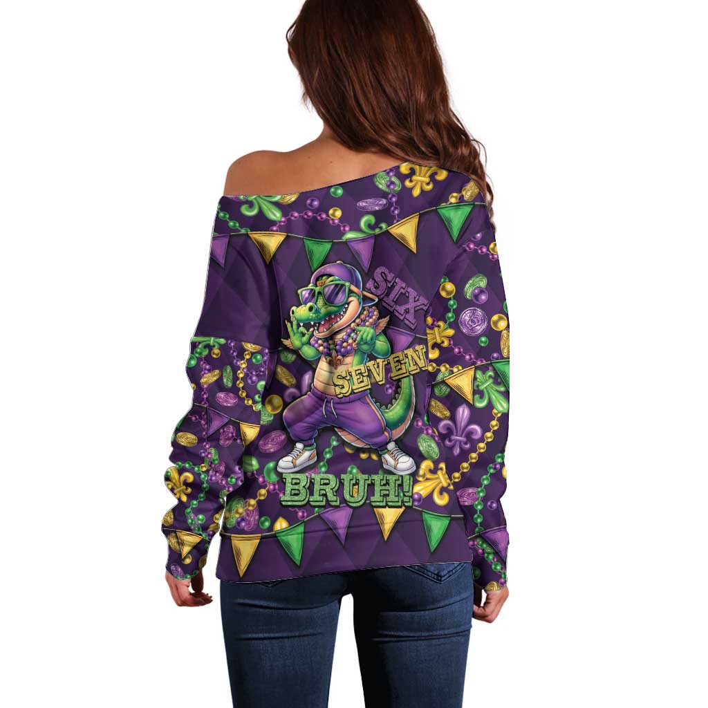 Six Seven Alligator Mardi Gras Off Shoulder Sweater 67 Gen Alpha Slang Carnival Beads