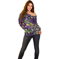 Six Seven Alligator Mardi Gras Off Shoulder Sweater 67 Gen Alpha Slang Carnival Beads