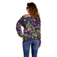 Six Seven Alligator Mardi Gras Off Shoulder Sweater 67 Gen Alpha Slang Carnival Beads