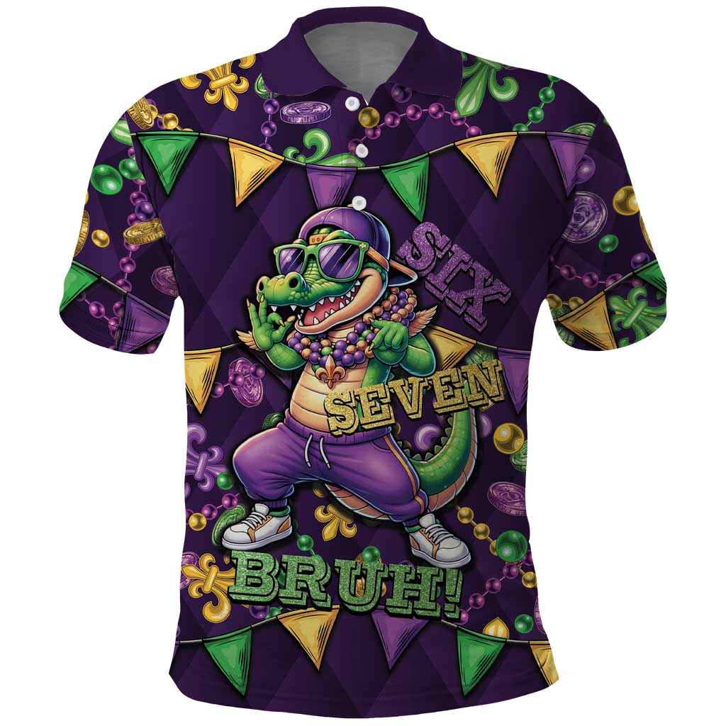 Six Seven Alligator Mardi Gras Polo Shirt 67 Gen Alpha Slang Carnival Beads