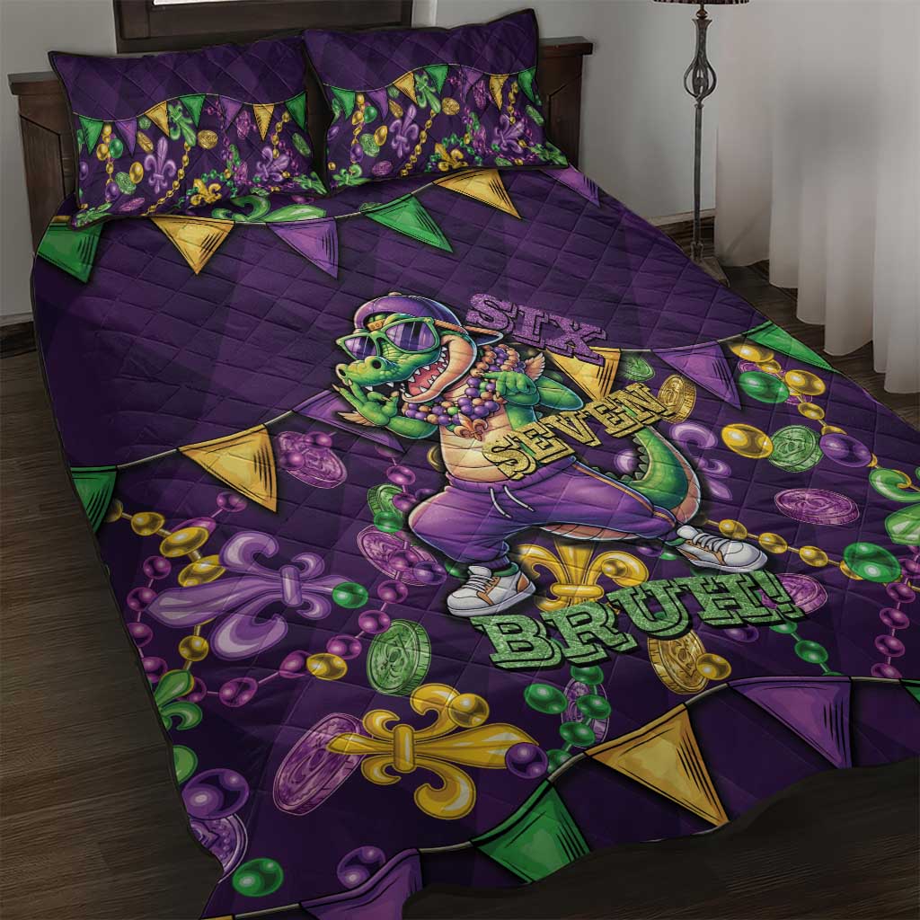 Six Seven Alligator Mardi Gras Quilt Bed Set 67 Gen Alpha Slang Carnival Beads