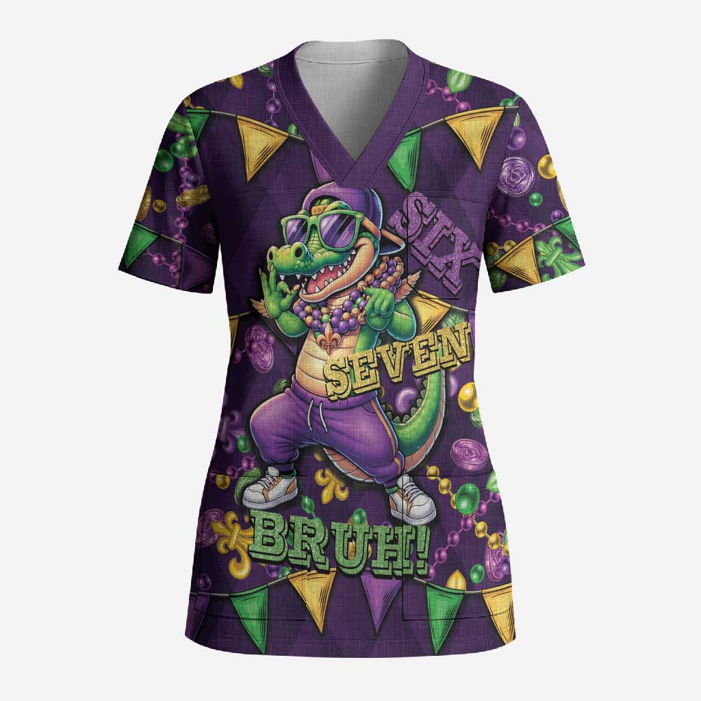 Six Seven Alligator Mardi Gras Scrub Top 67 Gen Alpha Slang Carnival Beads