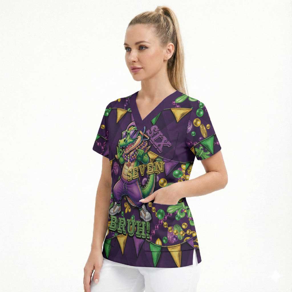 Six Seven Alligator Mardi Gras Scrub Top 67 Gen Alpha Slang Carnival Beads