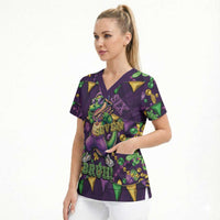 Six Seven Alligator Mardi Gras Scrub Top 67 Gen Alpha Slang Carnival Beads