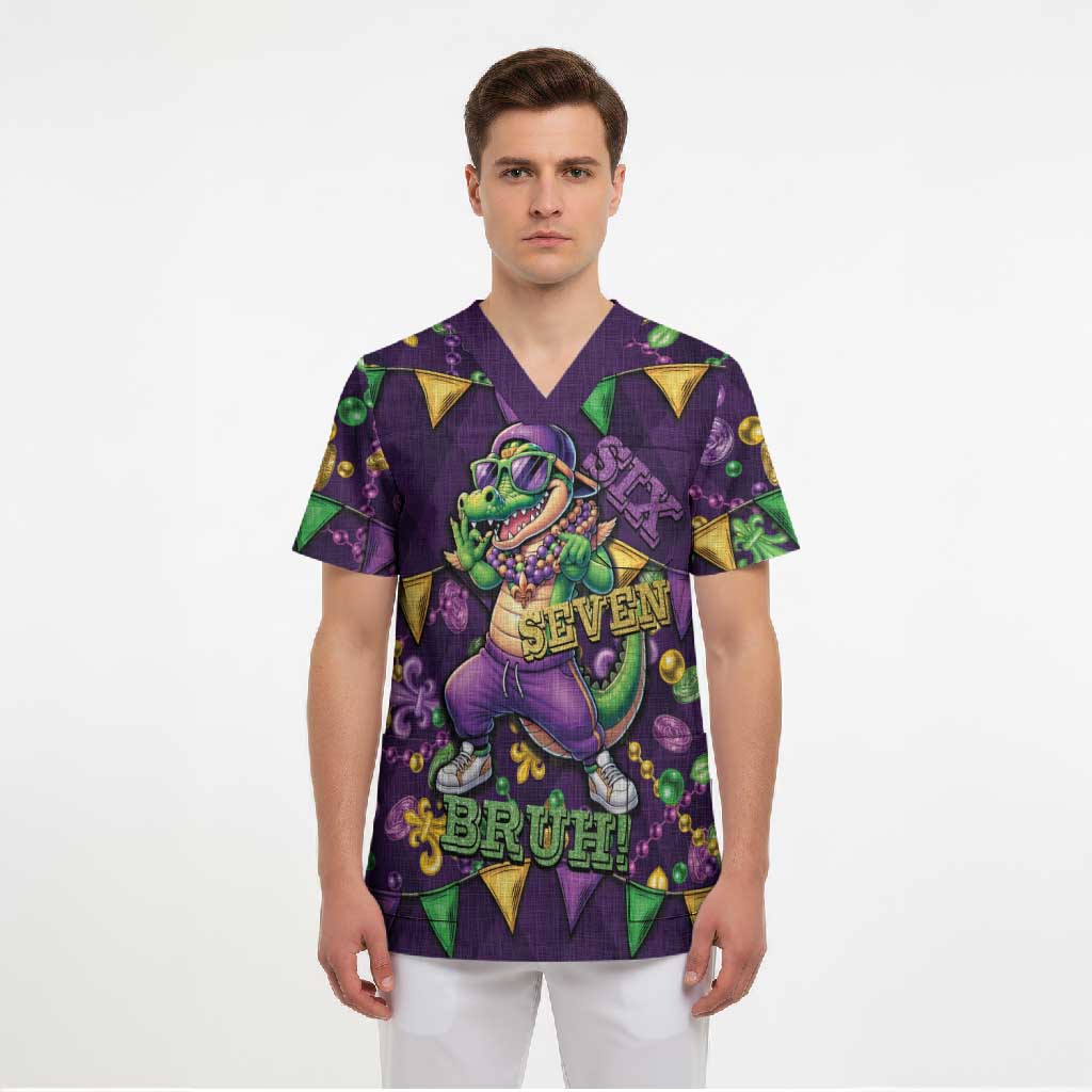 Six Seven Alligator Mardi Gras Scrub Top 67 Gen Alpha Slang Carnival Beads