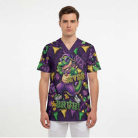 Six Seven Alligator Mardi Gras Scrub Top 67 Gen Alpha Slang Carnival Beads