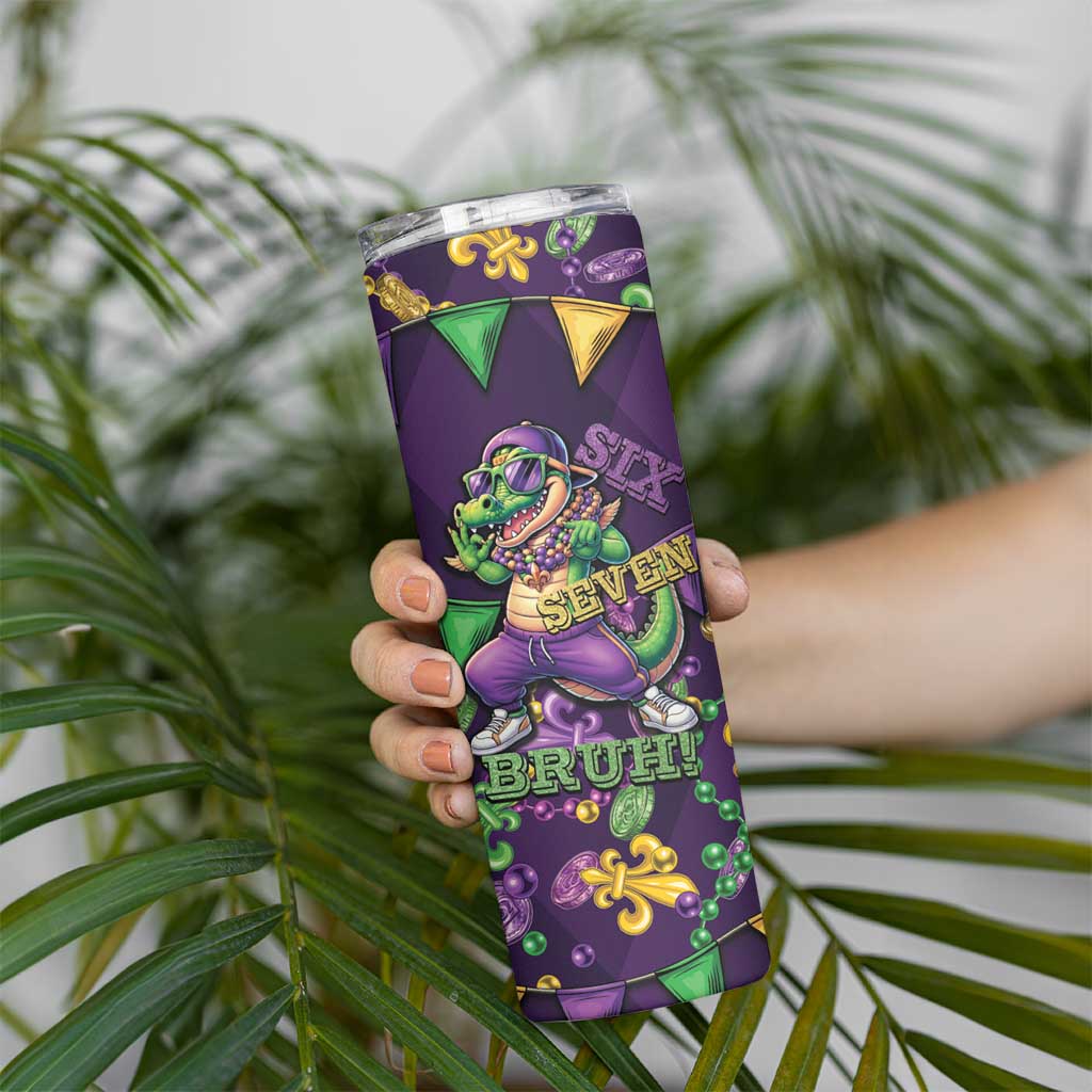 Six Seven Alligator Mardi Gras Skinny Tumbler 67 Gen Alpha Slang Carnival Beads