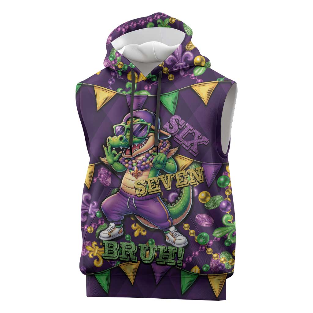 Six Seven Alligator Mardi Gras Sleeveless Hoodie 67 Gen Alpha Slang Carnival Beads