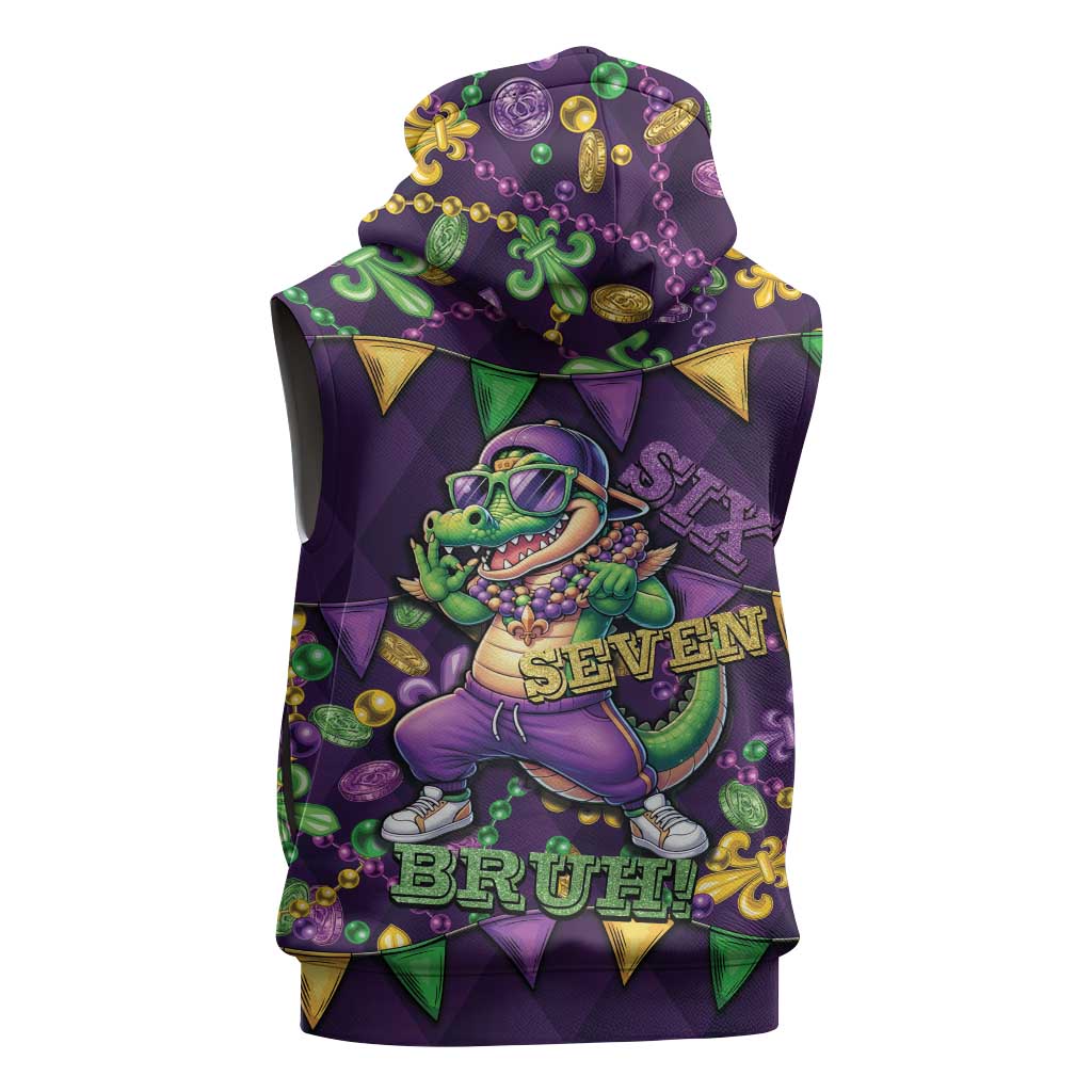 Six Seven Alligator Mardi Gras Sleeveless Hoodie 67 Gen Alpha Slang Carnival Beads
