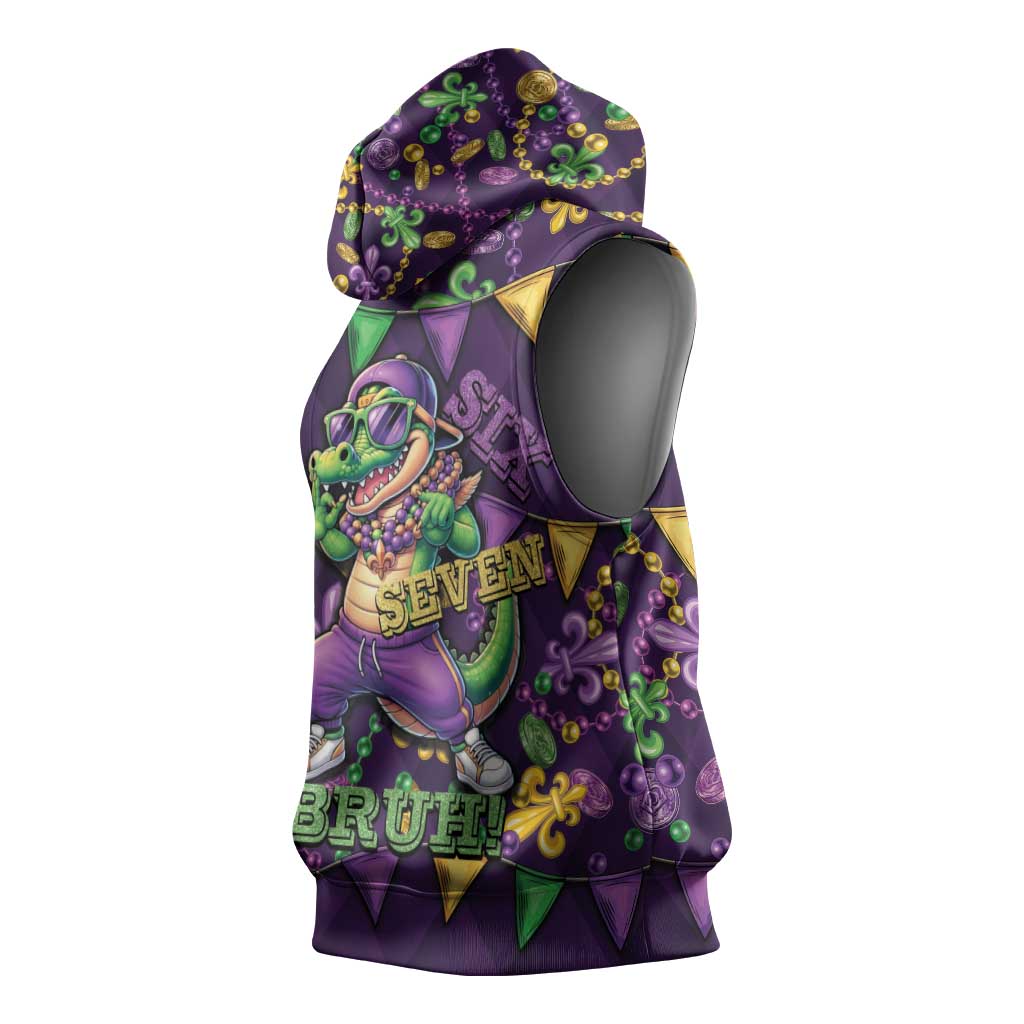 Six Seven Alligator Mardi Gras Sleeveless Hoodie 67 Gen Alpha Slang Carnival Beads