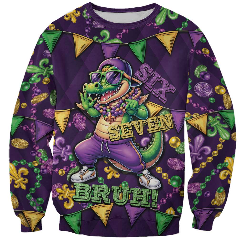 Six Seven Alligator Mardi Gras Sweatshirt 67 Gen Alpha Slang Carnival Beads