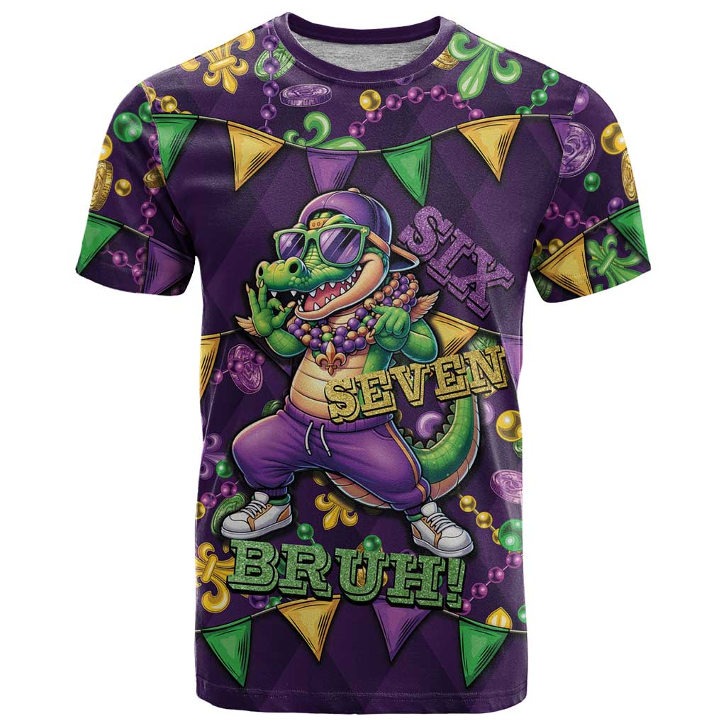 Six Seven Alligator Mardi Gras T Shirt 67 Gen Alpha Slang Carnival Beads