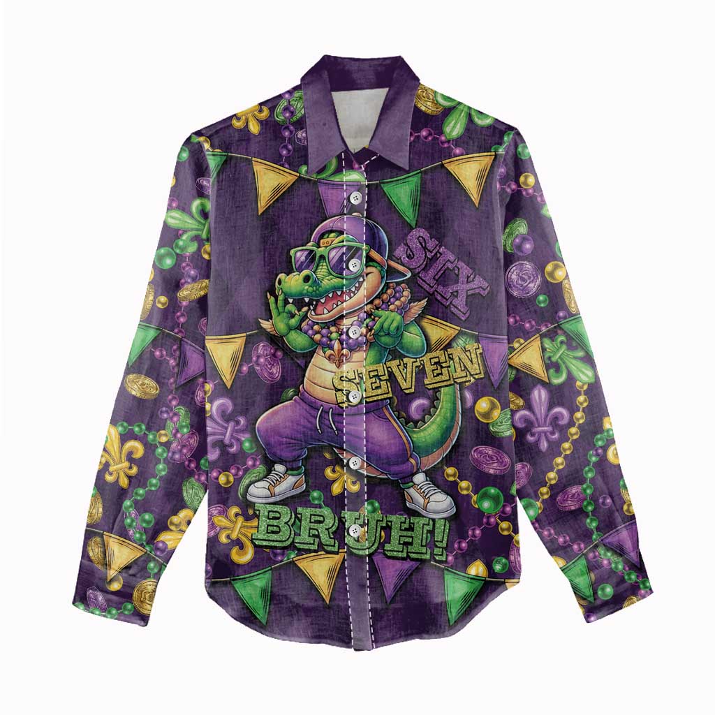 Six Seven Alligator Mardi Gras Women Casual Shirt 67 Gen Alpha Slang Carnival Beads