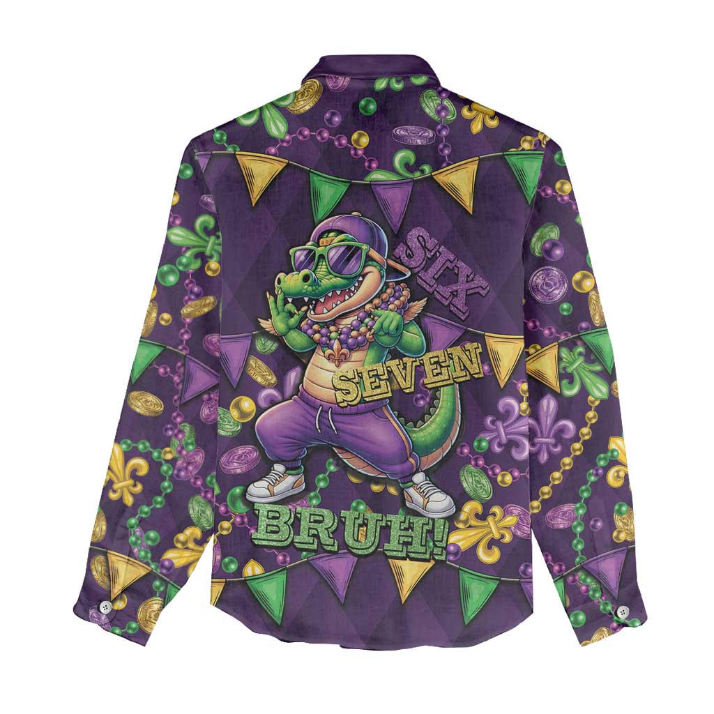 Six Seven Alligator Mardi Gras Women Casual Shirt 67 Gen Alpha Slang Carnival Beads