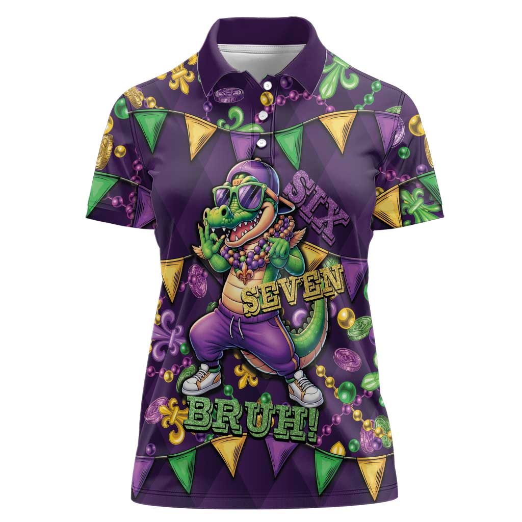 Six Seven Alligator Mardi Gras Women Polo Shirt 67 Gen Alpha Slang Carnival Beads