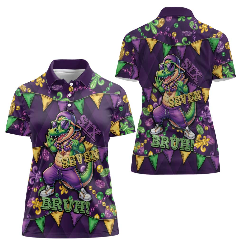 Six Seven Alligator Mardi Gras Women Polo Shirt 67 Gen Alpha Slang Carnival Beads
