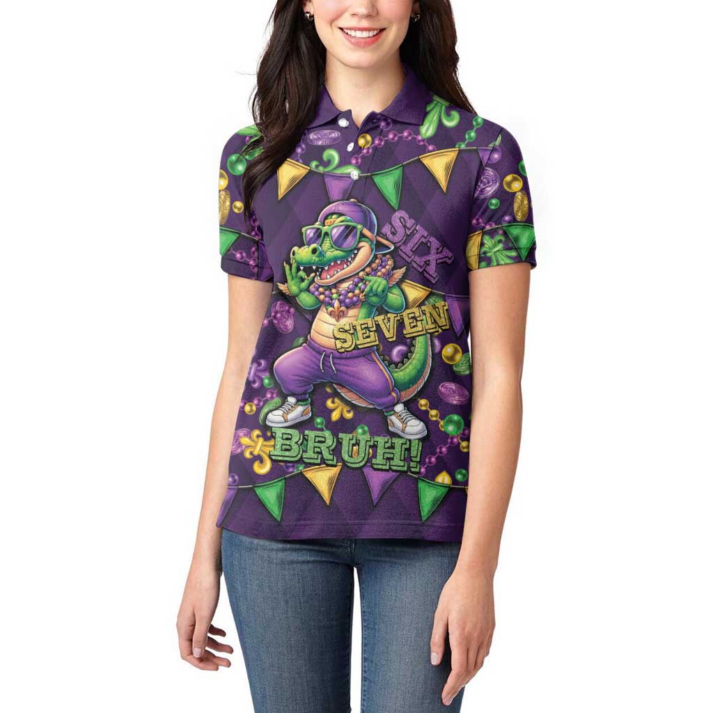 Six Seven Alligator Mardi Gras Women Polo Shirt 67 Gen Alpha Slang Carnival Beads