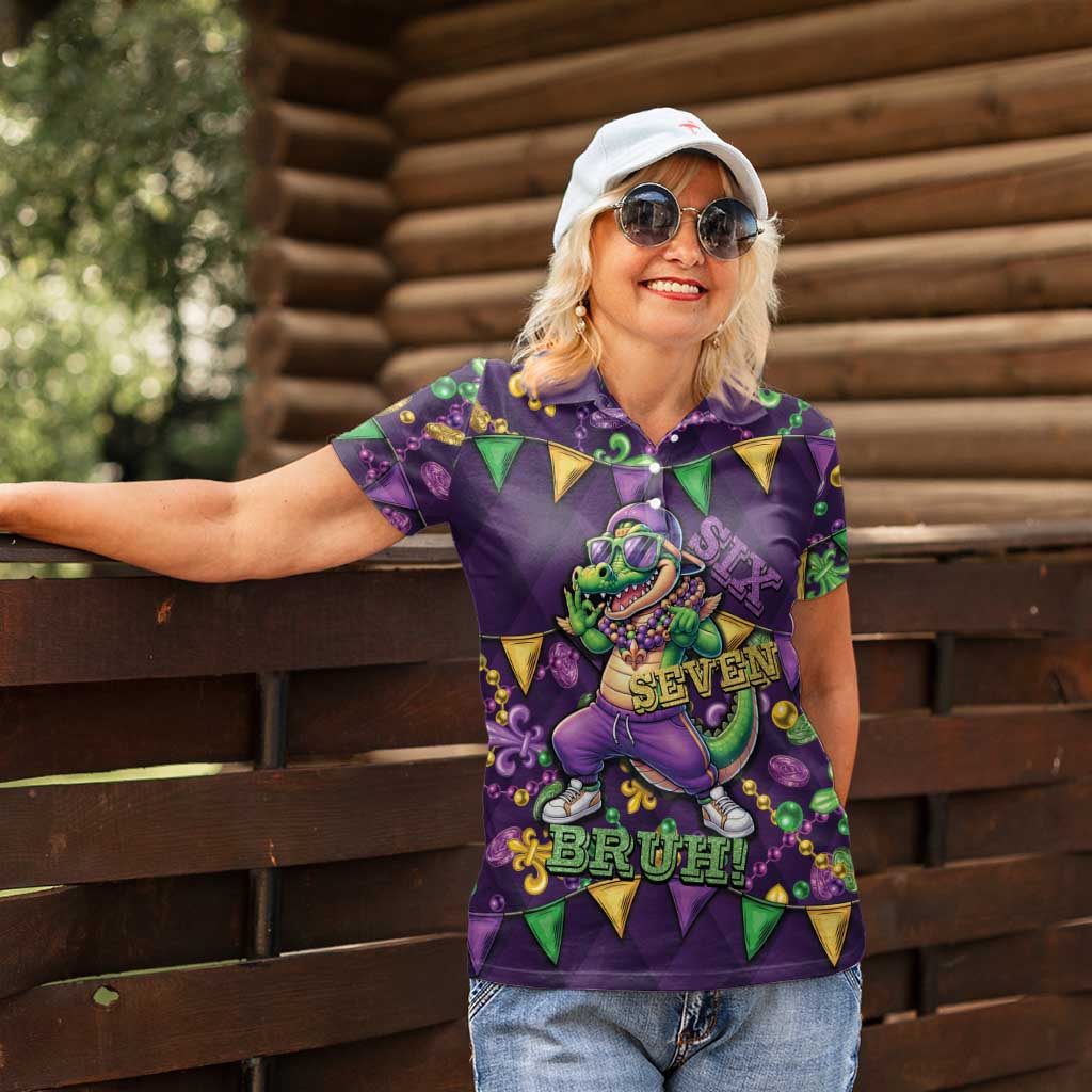 Six Seven Alligator Mardi Gras Women Polo Shirt 67 Gen Alpha Slang Carnival Beads
