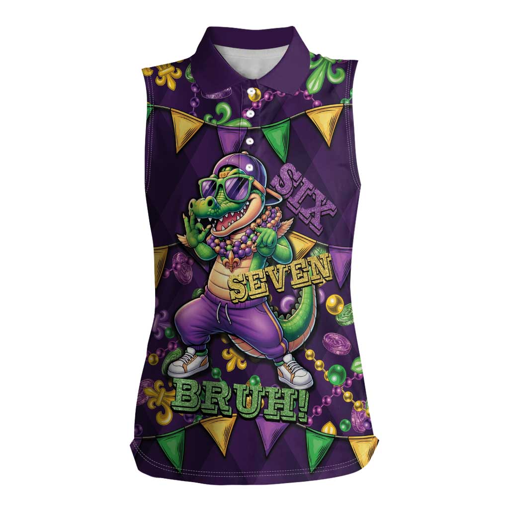 Six Seven Alligator Mardi Gras Women Sleeveless Polo Shirt 67 Gen Alpha Slang Carnival Beads