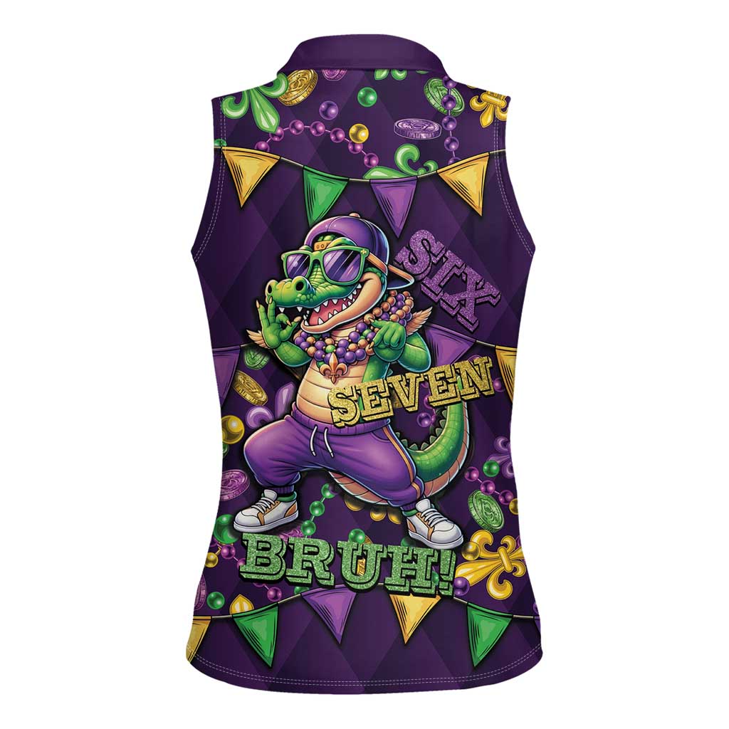 Six Seven Alligator Mardi Gras Women Sleeveless Polo Shirt 67 Gen Alpha Slang Carnival Beads