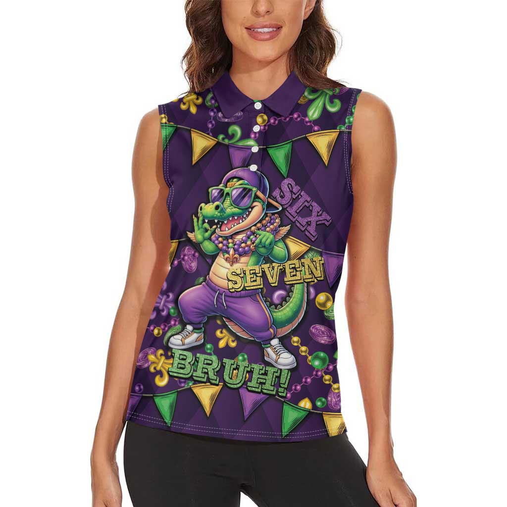 Six Seven Alligator Mardi Gras Women Sleeveless Polo Shirt 67 Gen Alpha Slang Carnival Beads