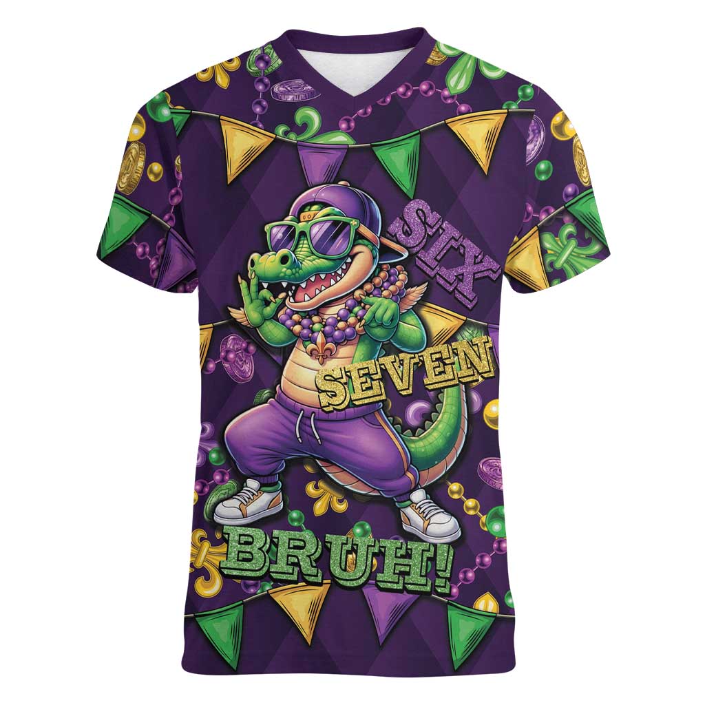Six Seven Alligator Mardi Gras Women V-Neck T-Shirt 67 Gen Alpha Slang Carnival Beads