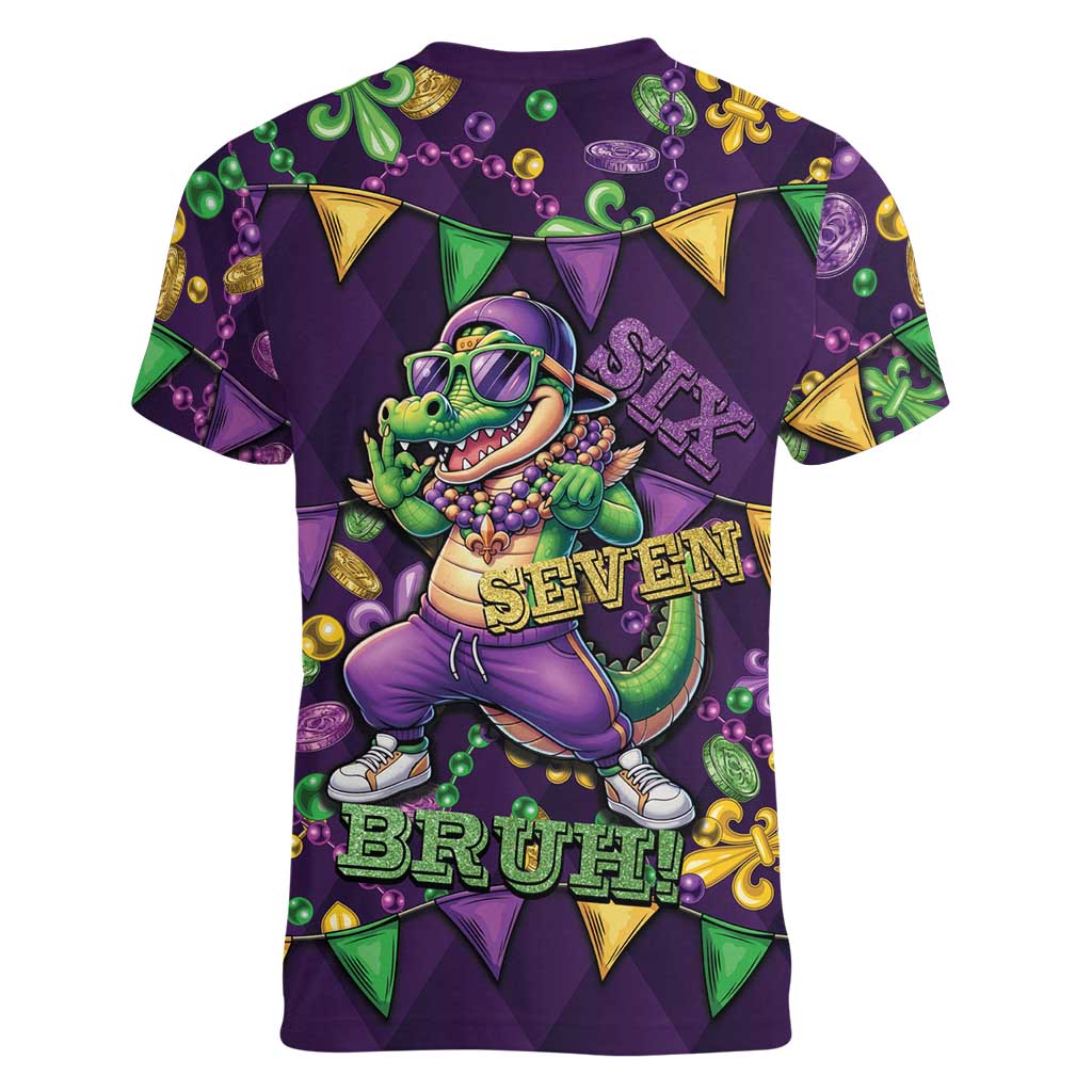 Six Seven Alligator Mardi Gras Women V-Neck T-Shirt 67 Gen Alpha Slang Carnival Beads