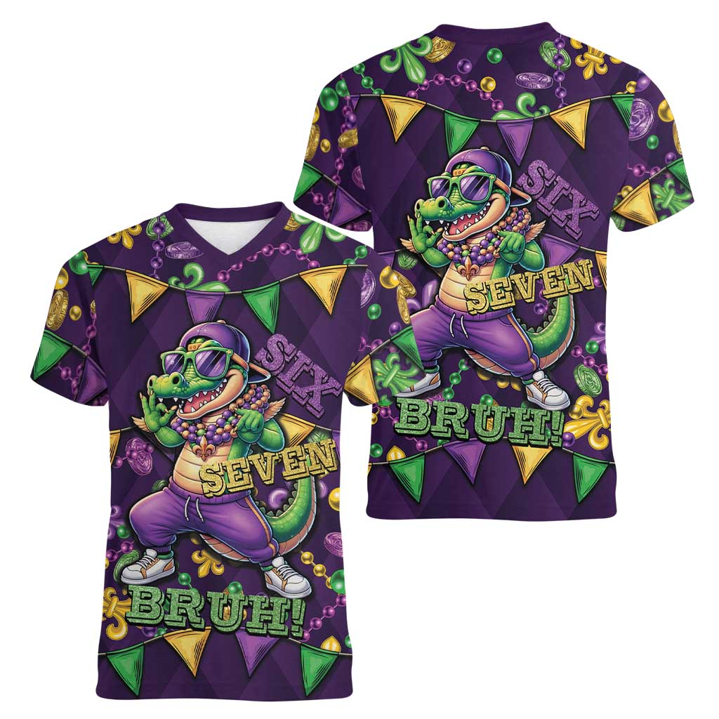 Six Seven Alligator Mardi Gras Women V-Neck T-Shirt 67 Gen Alpha Slang Carnival Beads