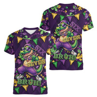 Six Seven Alligator Mardi Gras Women V-Neck T-Shirt 67 Gen Alpha Slang Carnival Beads