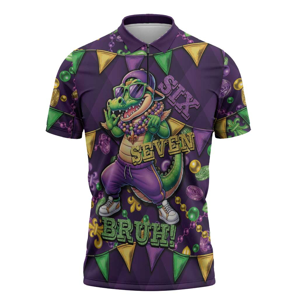 Six Seven Alligator Mardi Gras Zipper Polo Shirt 67 Gen Alpha Slang Carnival Beads