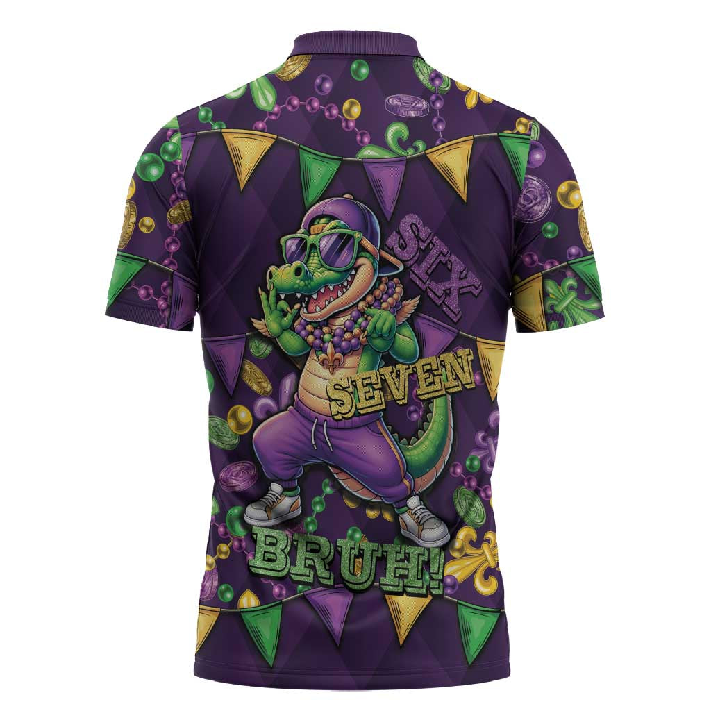Six Seven Alligator Mardi Gras Zipper Polo Shirt 67 Gen Alpha Slang Carnival Beads