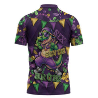 Six Seven Alligator Mardi Gras Zipper Polo Shirt 67 Gen Alpha Slang Carnival Beads
