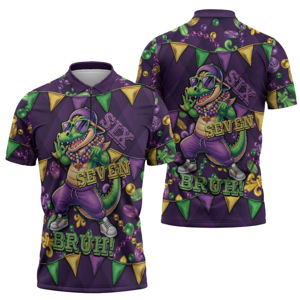 Six Seven Alligator Mardi Gras Zipper Polo Shirt 67 Gen Alpha Slang Carnival Beads