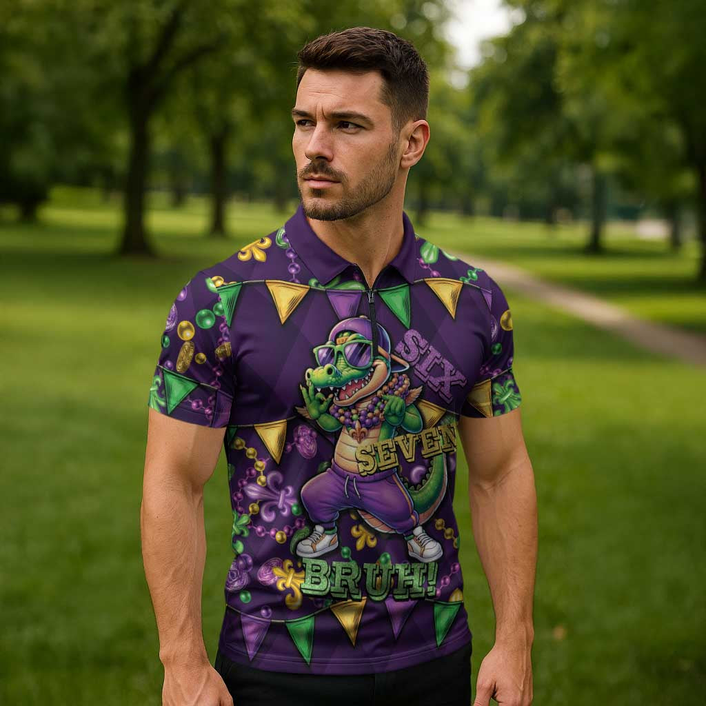 Six Seven Alligator Mardi Gras Zipper Polo Shirt 67 Gen Alpha Slang Carnival Beads
