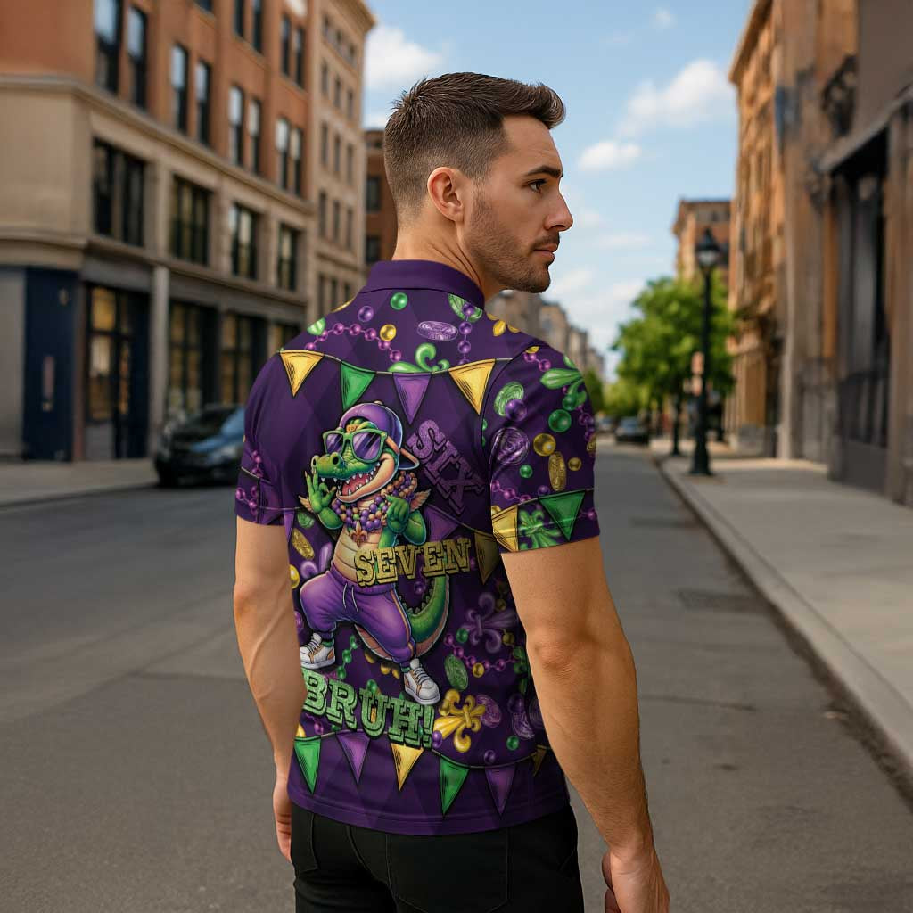 Six Seven Alligator Mardi Gras Zipper Polo Shirt 67 Gen Alpha Slang Carnival Beads