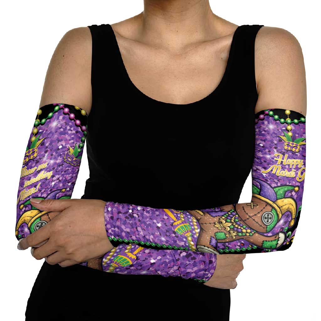 Voodoo Doll Mardi Gras Arm Sleeves Throw Me Something Mister Glitter Effect
