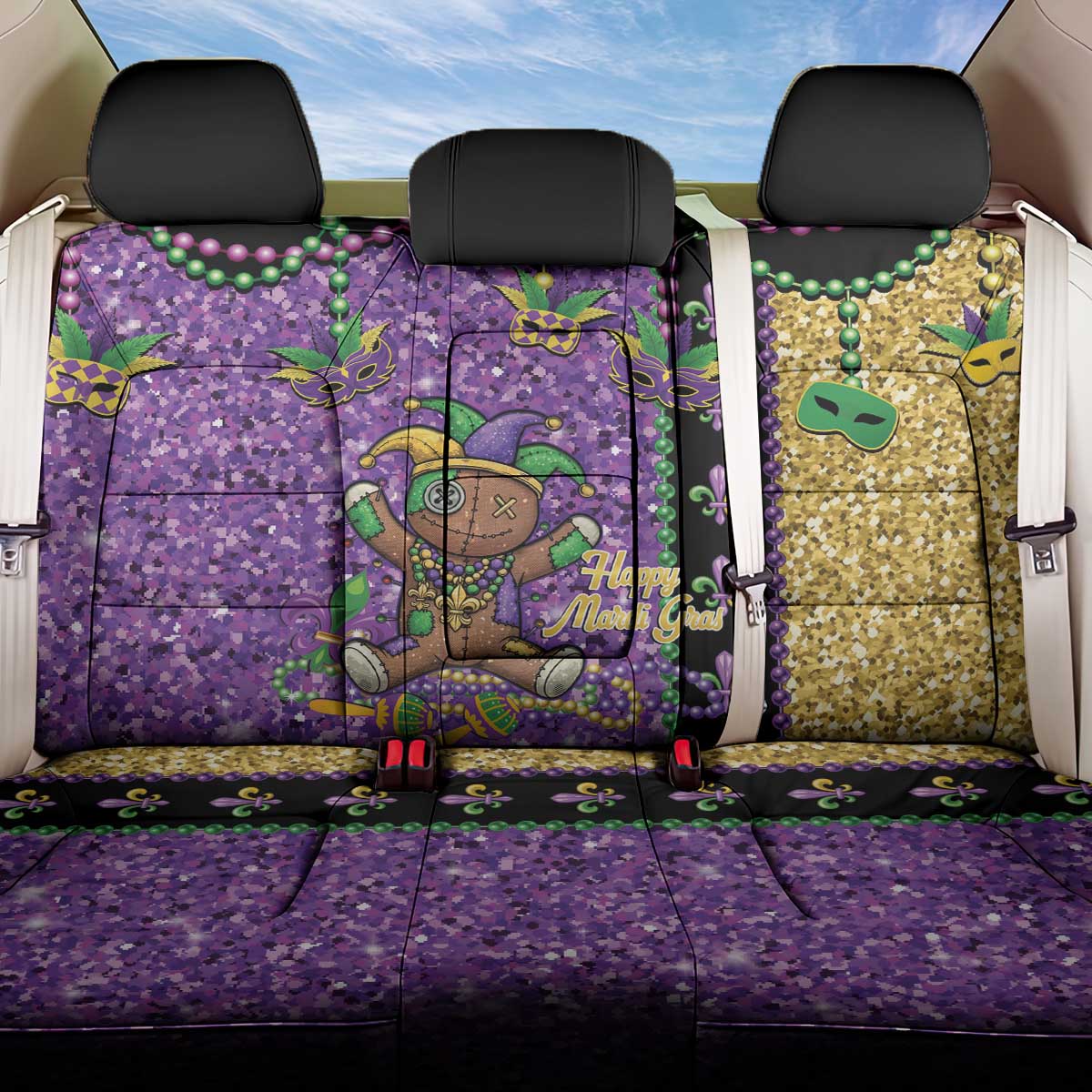 Voodoo Doll Mardi Gras Back Car Seat Cover Throw Me Something Mister Glitter Effect