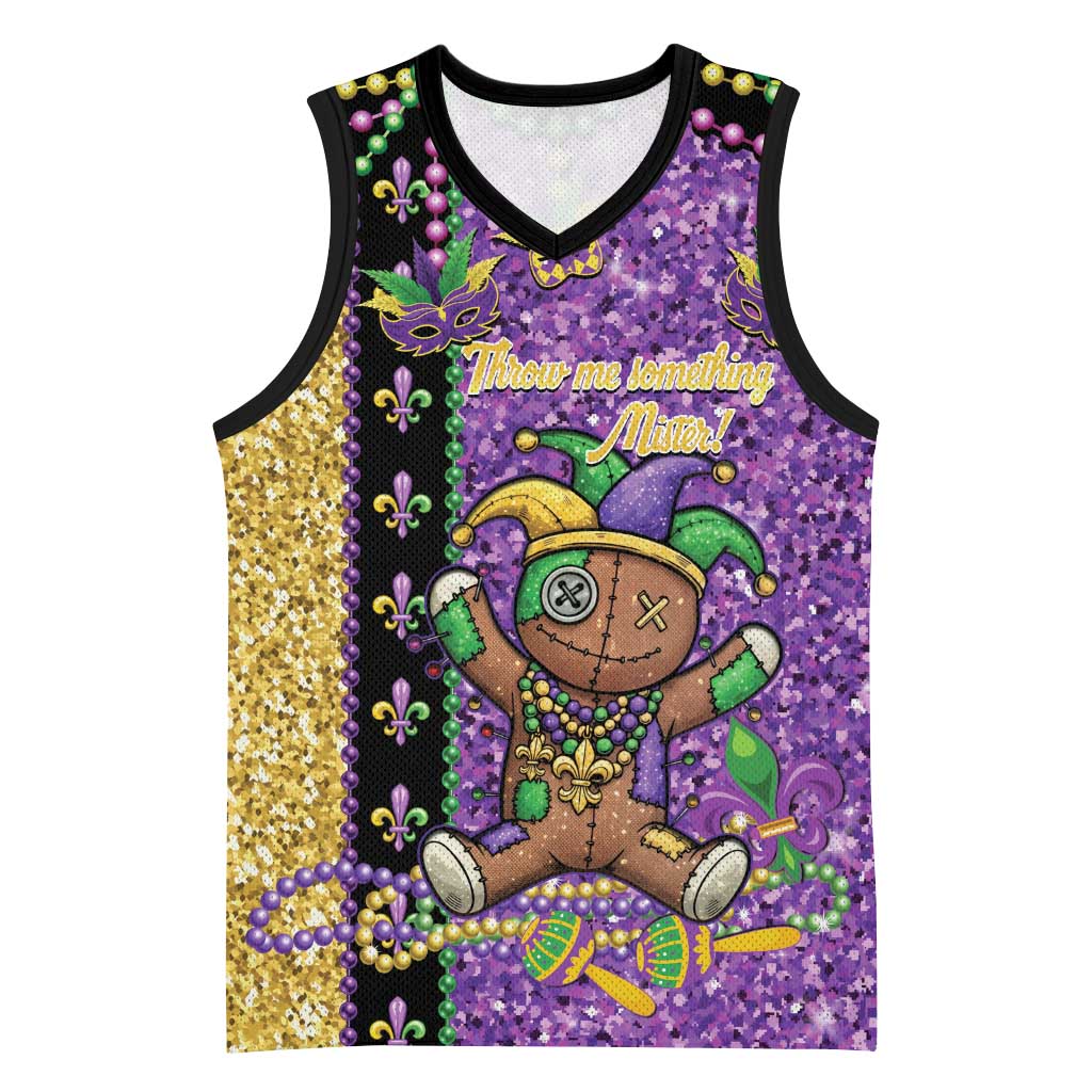 Voodoo Doll Mardi Gras Basketball Jersey Throw Me Something Mister Glitter Effect