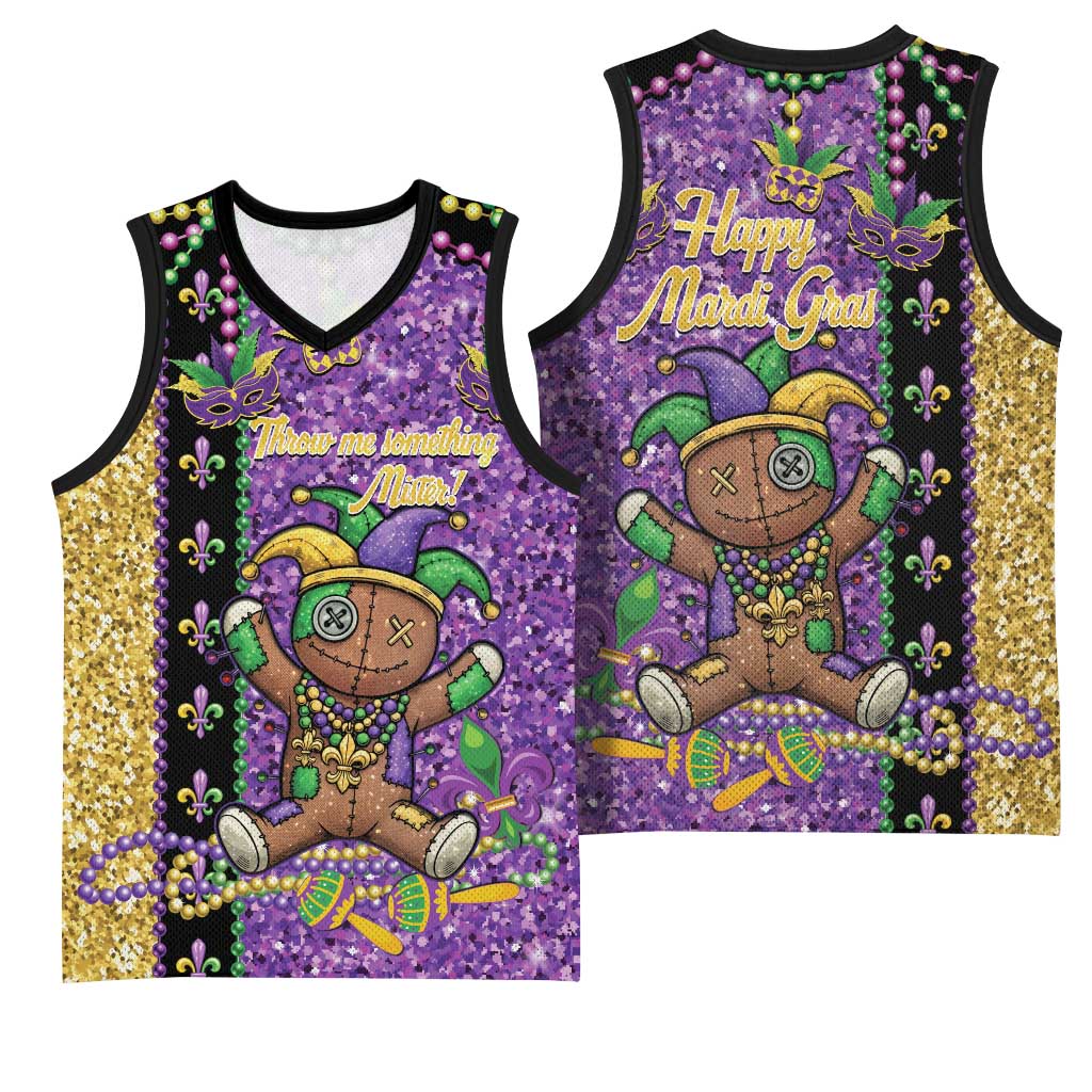 Voodoo Doll Mardi Gras Basketball Jersey Throw Me Something Mister Glitter Effect