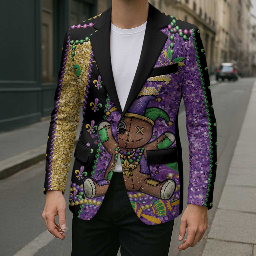 Voodoo Doll Mardi Gras Blazer Throw Me Something Mister Glitter Effect