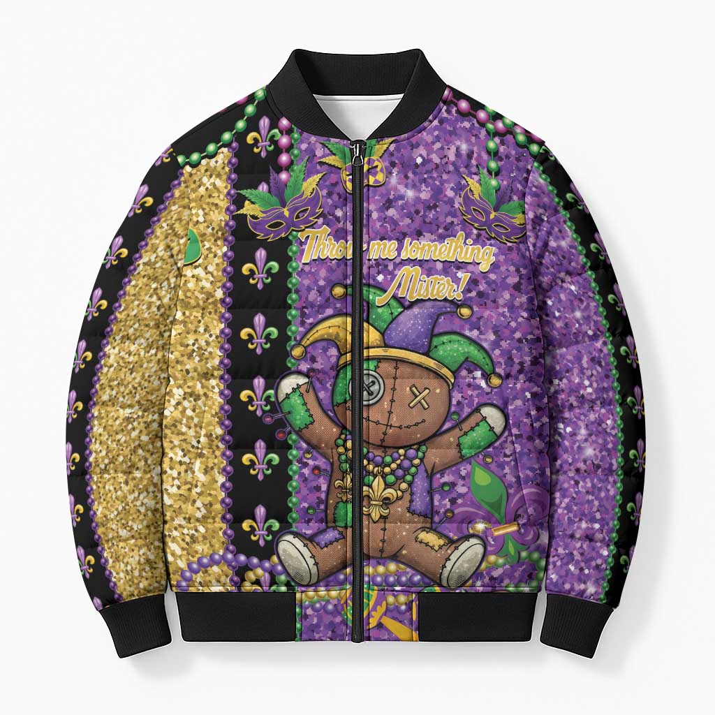 Voodoo Doll Mardi Gras Bomber Puffer Jacket Throw Me Something Mister Glitter Effect