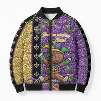 Voodoo Doll Mardi Gras Bomber Puffer Jacket Throw Me Something Mister Glitter Effect