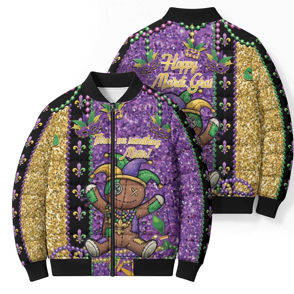 Voodoo Doll Mardi Gras Bomber Puffer Jacket Throw Me Something Mister Glitter Effect