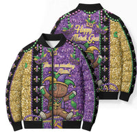 Voodoo Doll Mardi Gras Bomber Puffer Jacket Throw Me Something Mister Glitter Effect