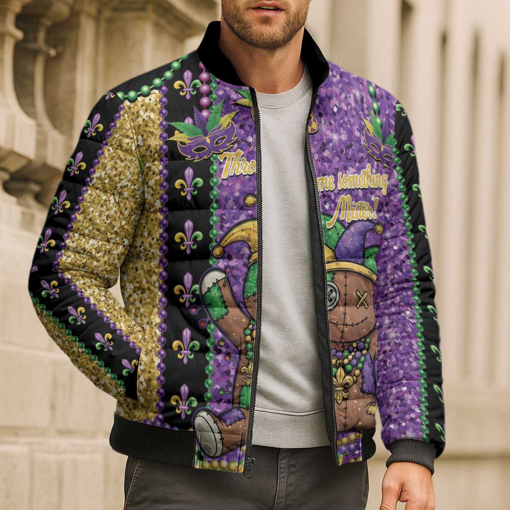Voodoo Doll Mardi Gras Bomber Puffer Jacket Throw Me Something Mister Glitter Effect