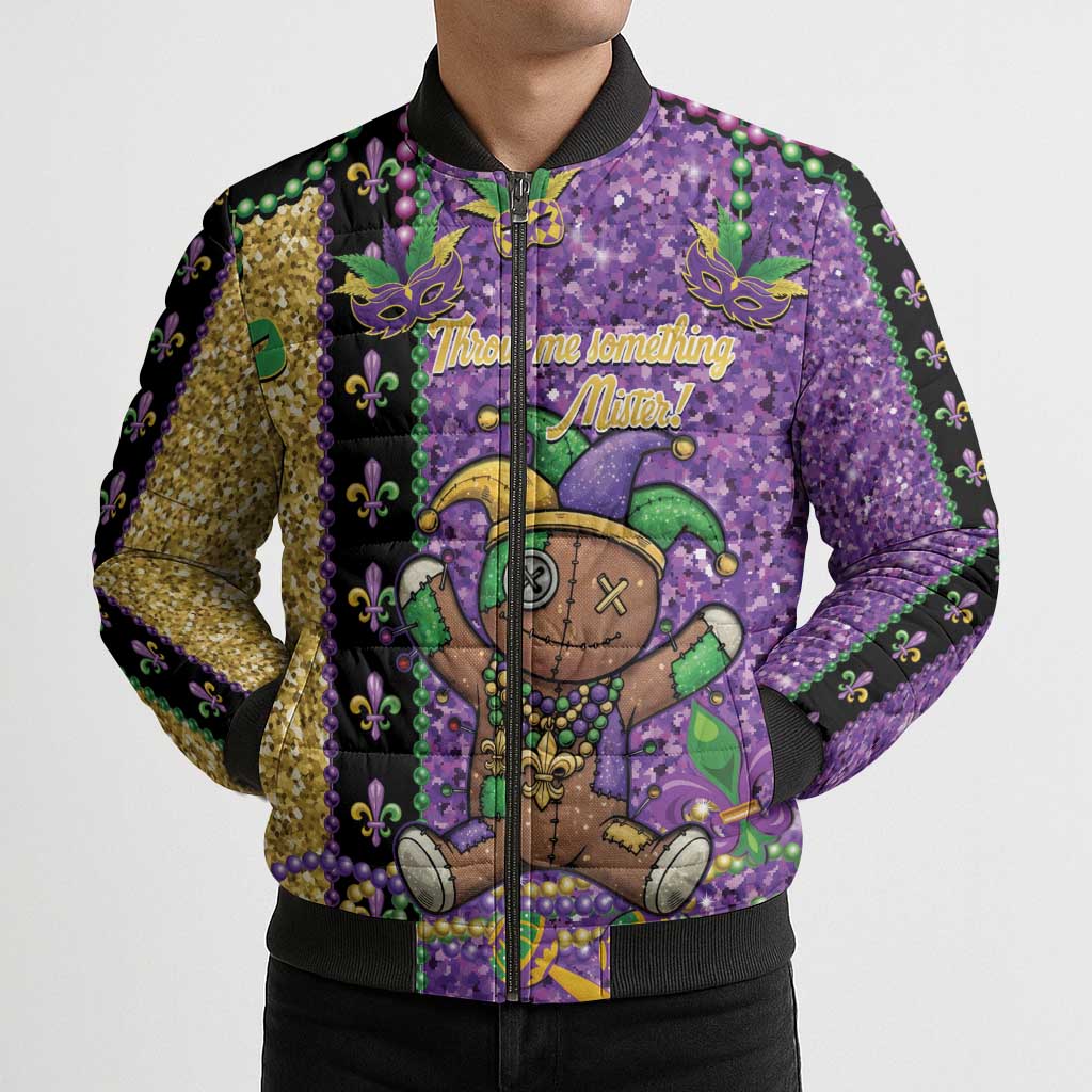 Voodoo Doll Mardi Gras Bomber Puffer Jacket Throw Me Something Mister Glitter Effect