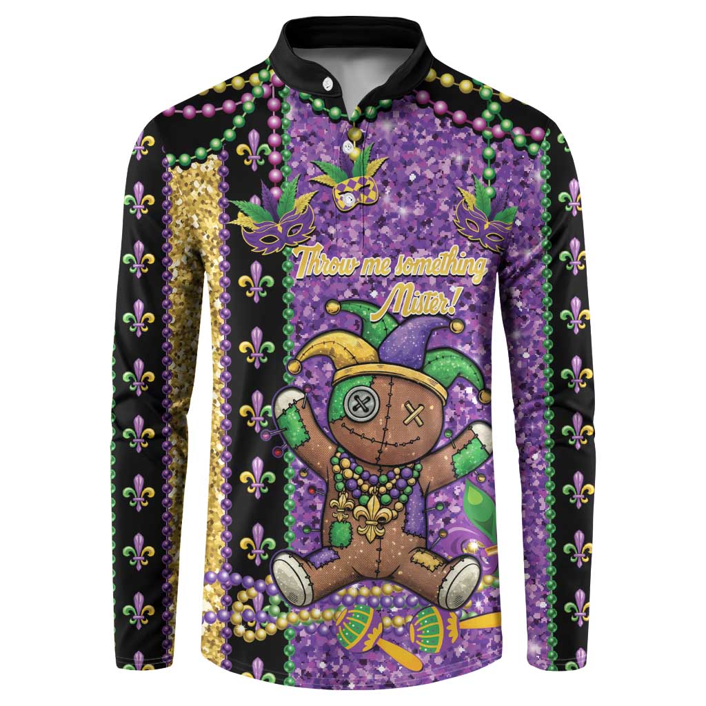 Voodoo Doll Mardi Gras Button Sweatshirt Throw Me Something Mister Glitter Effect